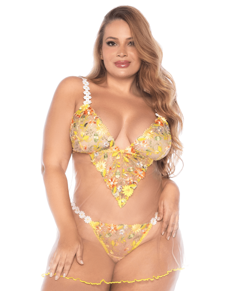 Nuisette grande taille transparente brodée jaune et string 